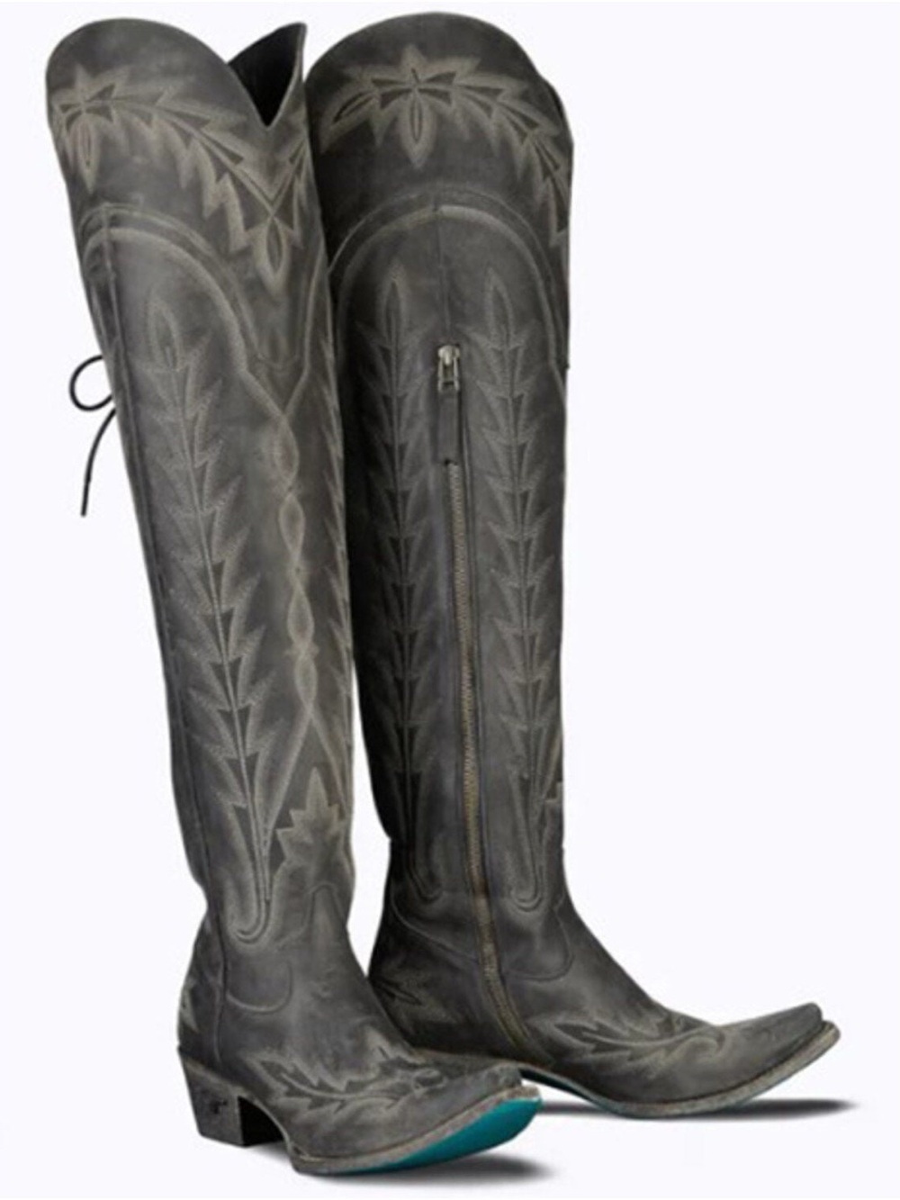 Tall Embroidered Western Knee-High Boots in Charcoal Gray